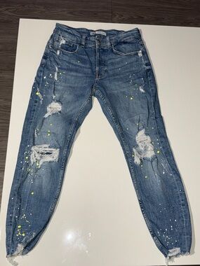 Zara Jeans Women 30 High Rise Button Fly Distressed Relaxed Fit Straight Blue